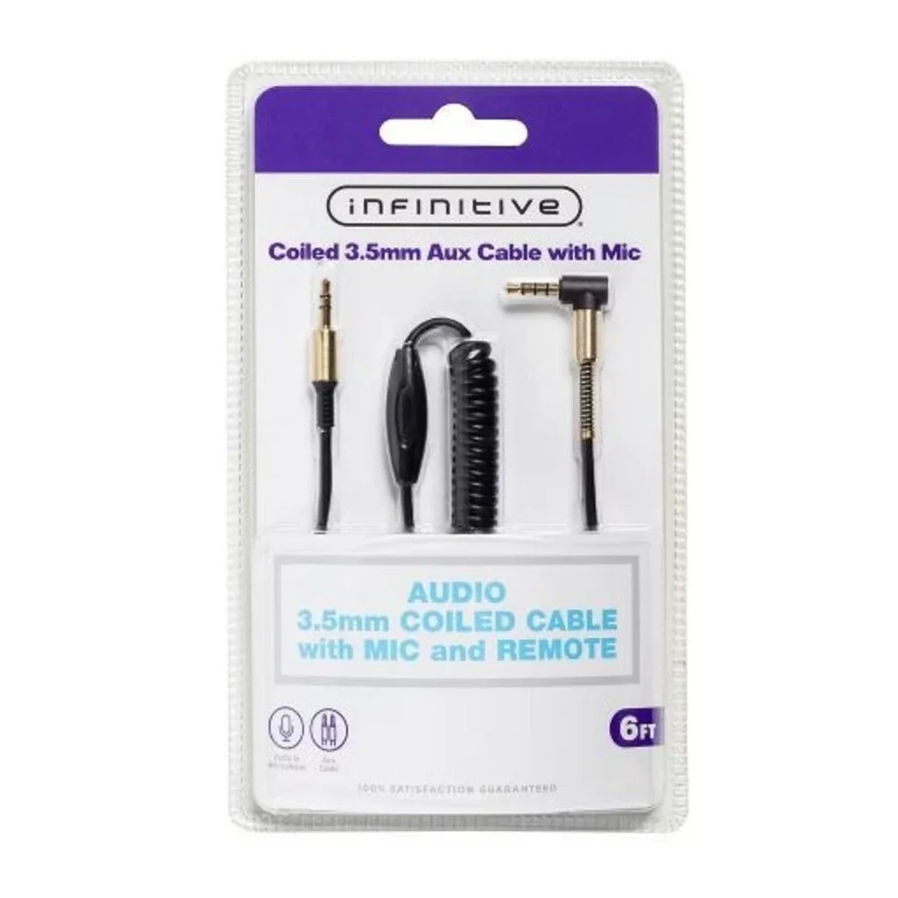 New Infinitive Coiled 3.5 mm Aux Cable with Mic and Remote New 6ft.  Sealed NIP